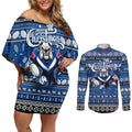 Personalized Bulldogs Rugby Xmas Couples Matching Off Shoulder Short Dress and Long Sleeve Button Shirt Australia NRL Mascot