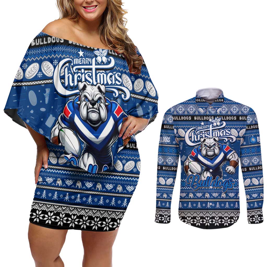 Personalized Bulldogs Rugby Xmas Couples Matching Off Shoulder Short Dress and Long Sleeve Button Shirt Australia NRL Mascot
