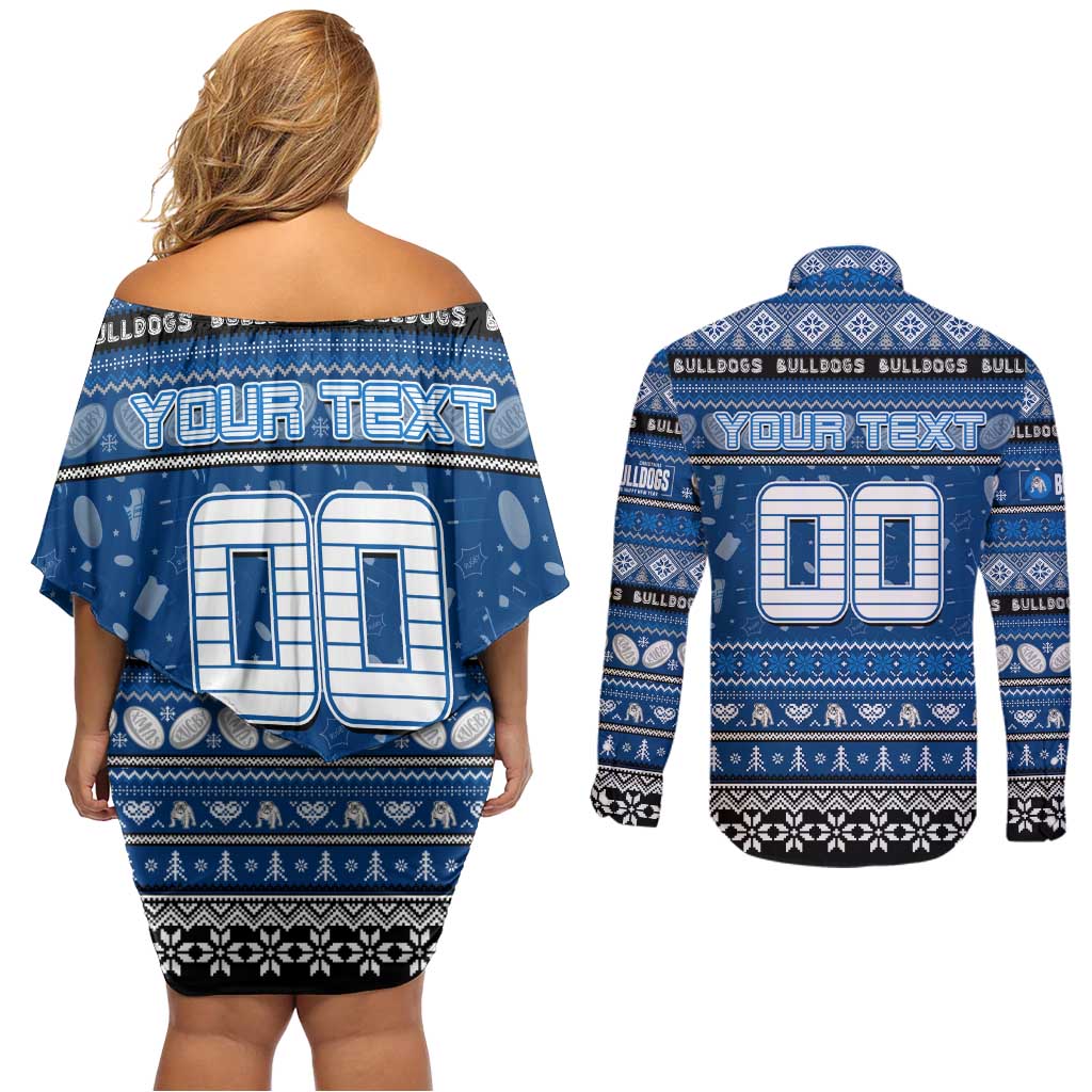 Personalized Bulldogs Rugby Xmas Couples Matching Off Shoulder Short Dress and Long Sleeve Button Shirt Australia NRL Mascot