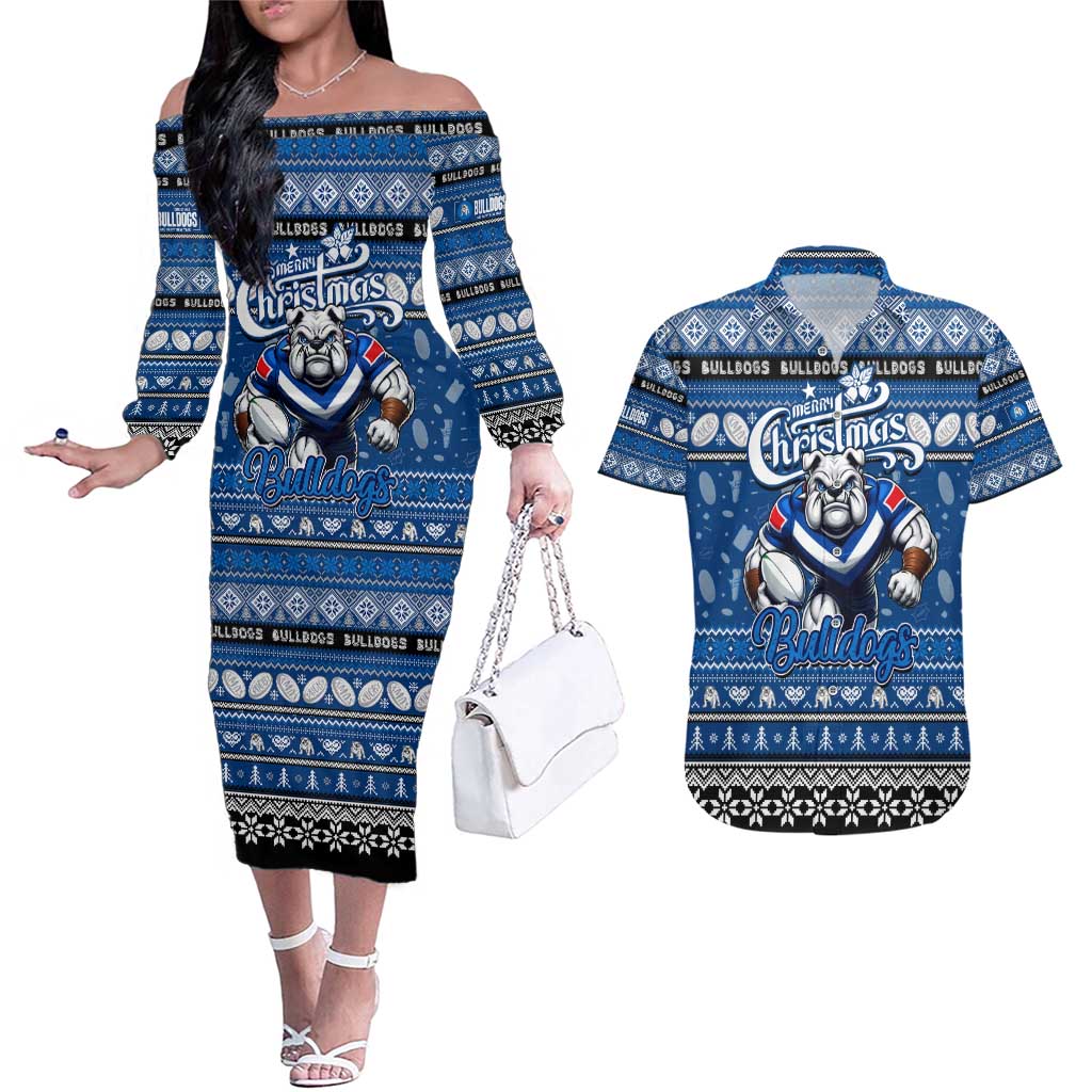Personalized Bulldogs Rugby Xmas Couples Matching Off The Shoulder Long Sleeve Dress and Hawaiian Shirt Australia NRL Mascot