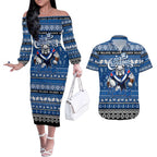 Personalized Bulldogs Rugby Xmas Couples Matching Off The Shoulder Long Sleeve Dress and Hawaiian Shirt Australia NRL Mascot