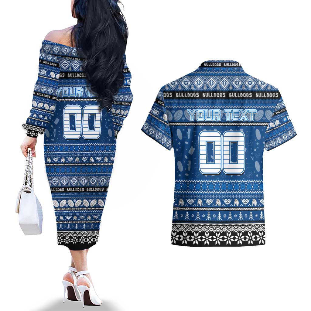 Personalized Bulldogs Rugby Xmas Couples Matching Off The Shoulder Long Sleeve Dress and Hawaiian Shirt Australia NRL Mascot