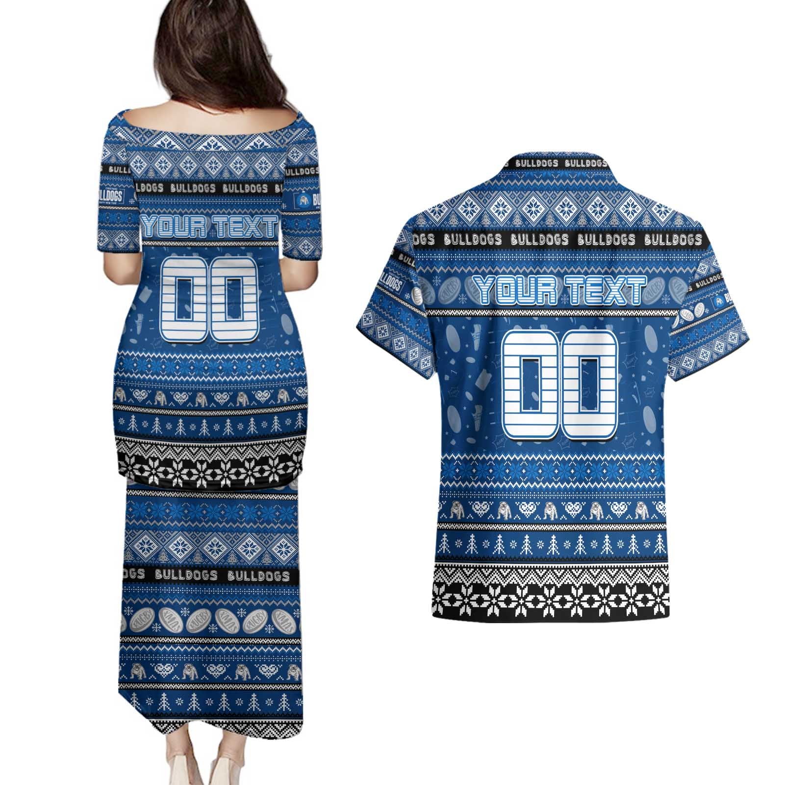 Personalized Bulldogs Rugby Xmas Couples Matching Puletasi and Hawaiian Shirt Australia NRL Mascot