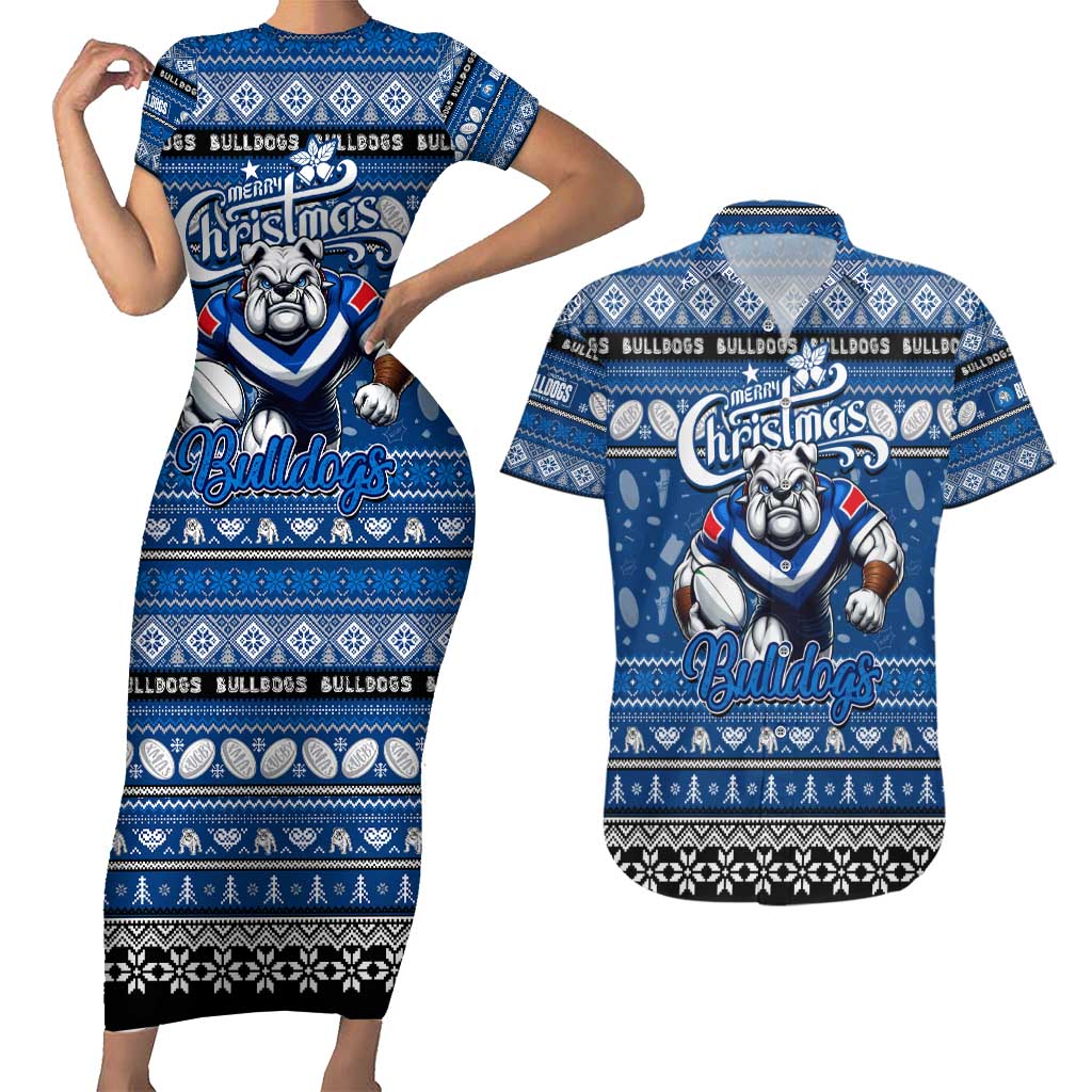 Personalized Bulldogs Rugby Xmas Couples Matching Short Sleeve Bodycon Dress and Hawaiian Shirt Australia NRL Mascot