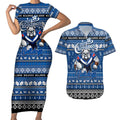 Personalized Bulldogs Rugby Xmas Couples Matching Short Sleeve Bodycon Dress and Hawaiian Shirt Australia NRL Mascot