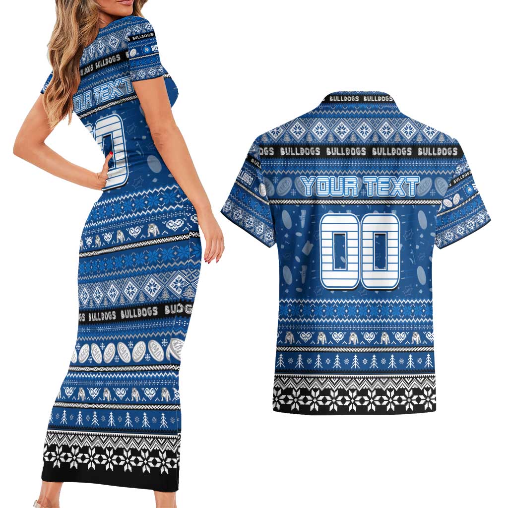 Personalized Bulldogs Rugby Xmas Couples Matching Short Sleeve Bodycon Dress and Hawaiian Shirt Australia NRL Mascot