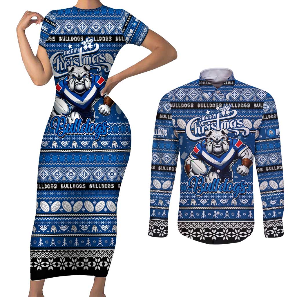 Personalized Bulldogs Rugby Xmas Couples Matching Short Sleeve Bodycon Dress and Long Sleeve Button Shirt Australia NRL Mascot