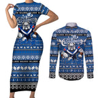 Personalized Bulldogs Rugby Xmas Couples Matching Short Sleeve Bodycon Dress and Long Sleeve Button Shirt Australia NRL Mascot