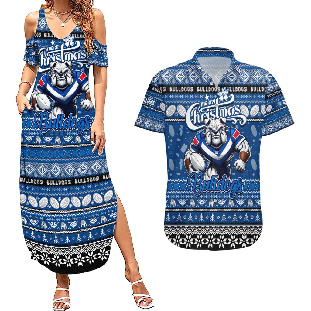 Personalized Bulldogs Rugby Xmas Couples Matching Summer Maxi Dress and Hawaiian Shirt Australia NRL Mascot