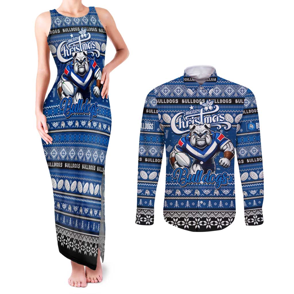Personalized Bulldogs Rugby Xmas Couples Matching Tank Maxi Dress and Long Sleeve Button Shirt Australia NRL Mascot