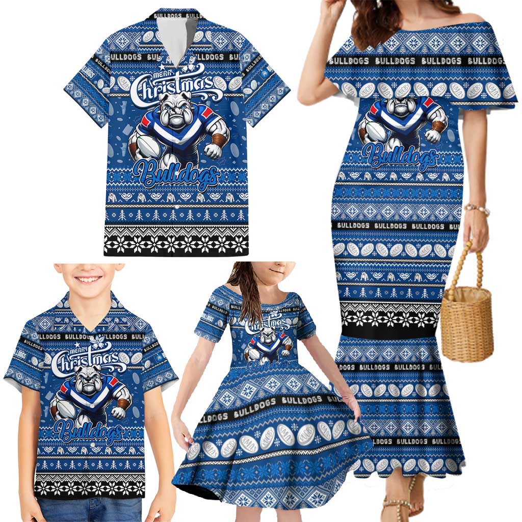 Personalized Bulldogs Rugby Xmas Family Matching Mermaid Dress and Hawaiian Shirt Australia NRL Mascot
