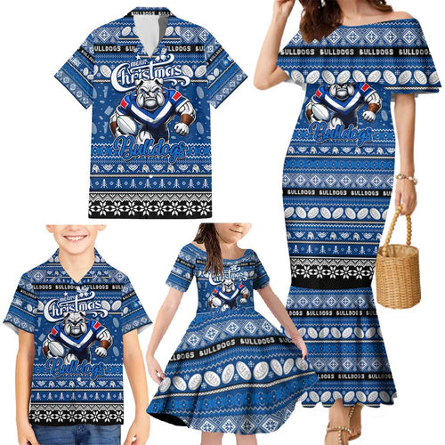 Personalized Bulldogs Rugby Xmas Family Matching Mermaid Dress and Hawaiian Shirt Australia NRL Mascot