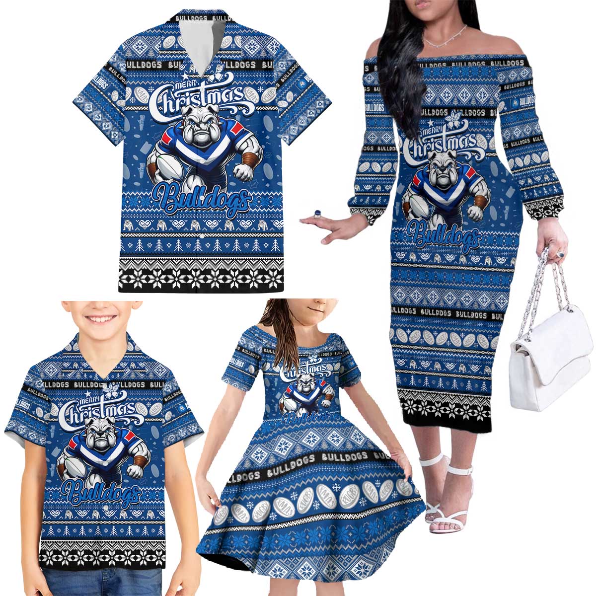 Personalized Bulldogs Rugby Xmas Family Matching Off The Shoulder Long Sleeve Dress and Hawaiian Shirt Australia NRL Mascot