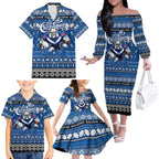 Personalized Bulldogs Rugby Xmas Family Matching Off The Shoulder Long Sleeve Dress and Hawaiian Shirt Australia NRL Mascot