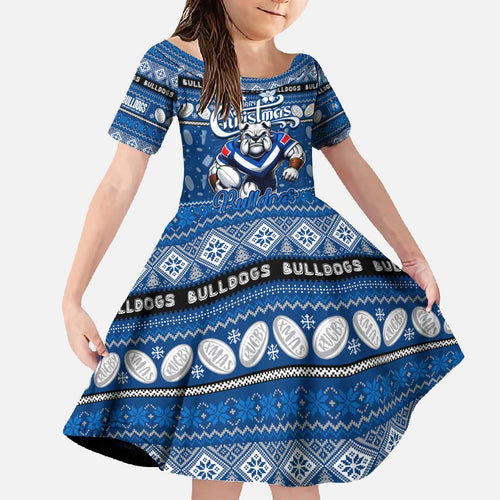 Personalized Bulldogs Rugby Xmas Family Matching Off The Shoulder Long Sleeve Dress and Hawaiian Shirt Australia NRL Mascot