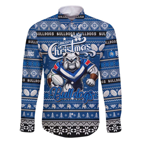 Personalized Bulldogs Rugby Xmas Family Matching Off The Shoulder Long Sleeve Dress and Hawaiian Shirt Australia NRL Mascot