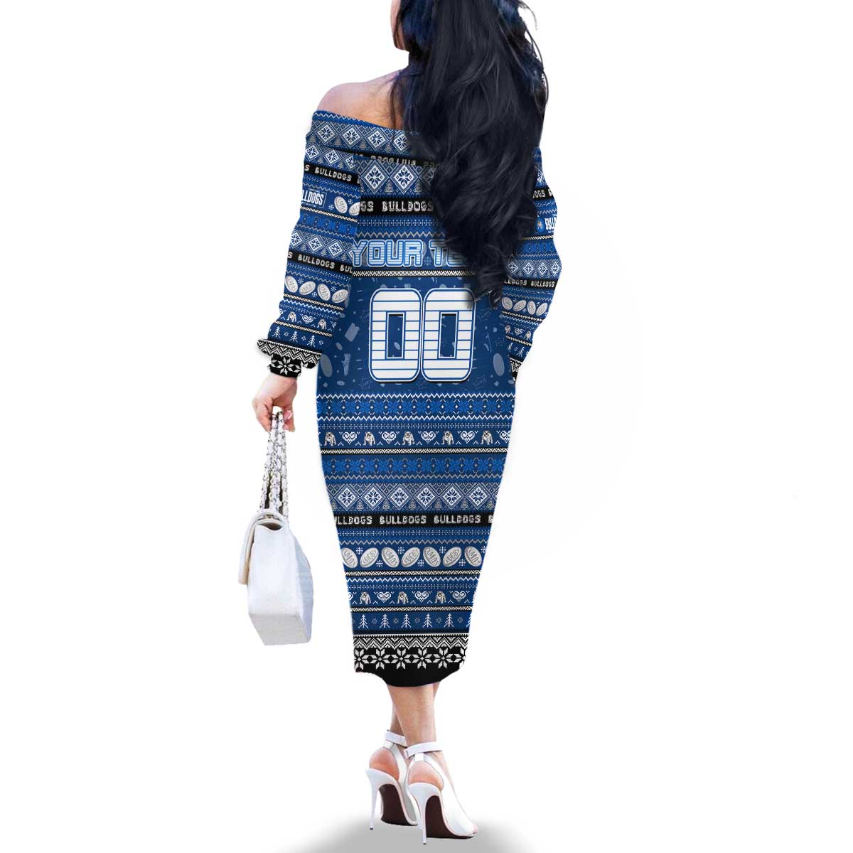 Personalized Bulldogs Rugby Xmas Family Matching Off The Shoulder Long Sleeve Dress and Hawaiian Shirt Australia NRL Mascot
