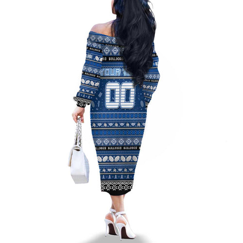 Personalized Bulldogs Rugby Xmas Family Matching Off The Shoulder Long Sleeve Dress and Hawaiian Shirt Australia NRL Mascot