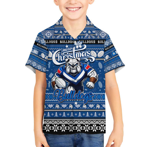 Personalized Bulldogs Rugby Xmas Family Matching Off The Shoulder Long Sleeve Dress and Hawaiian Shirt Australia NRL Mascot