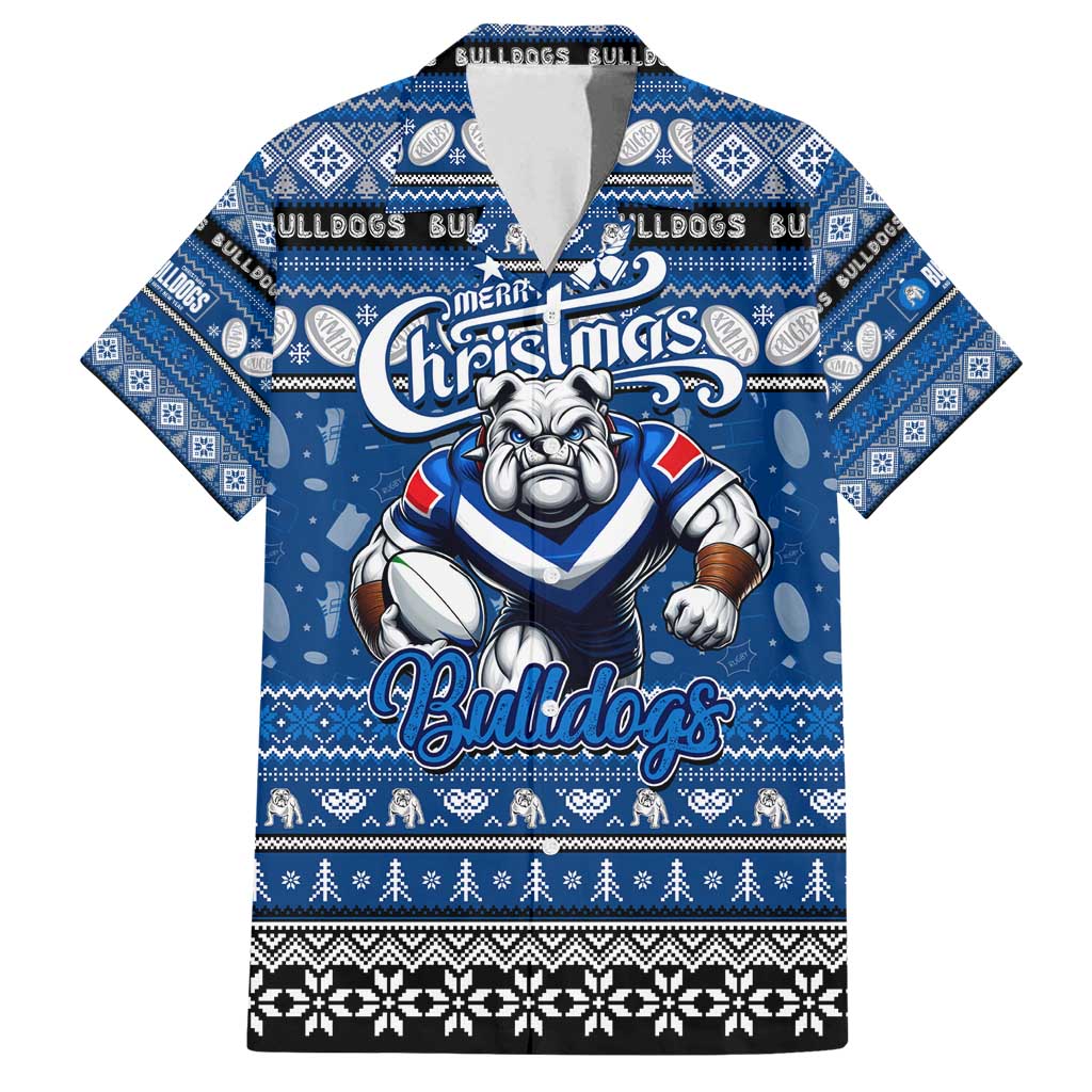 Personalized Bulldogs Rugby Xmas Family Matching Off Shoulder Maxi Dress and Hawaiian Shirt Australia NRL Mascot
