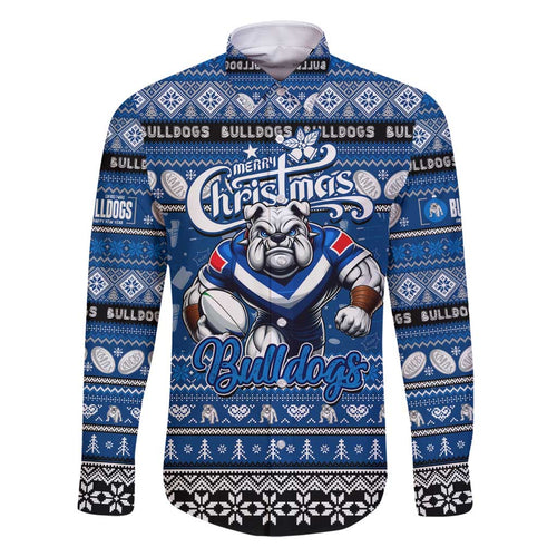 Personalized Bulldogs Rugby Xmas Family Matching Off Shoulder Maxi Dress and Hawaiian Shirt Australia NRL Mascot
