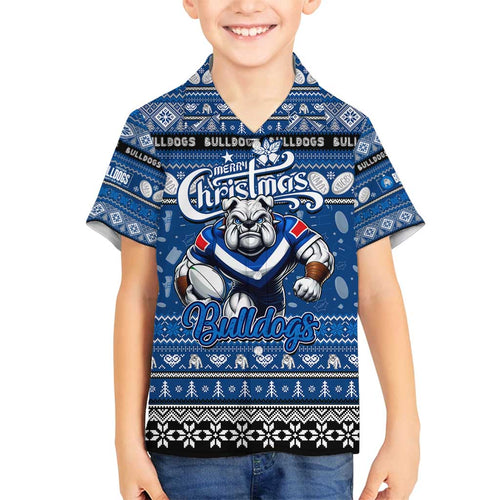 Personalized Bulldogs Rugby Xmas Family Matching Off Shoulder Maxi Dress and Hawaiian Shirt Australia NRL Mascot