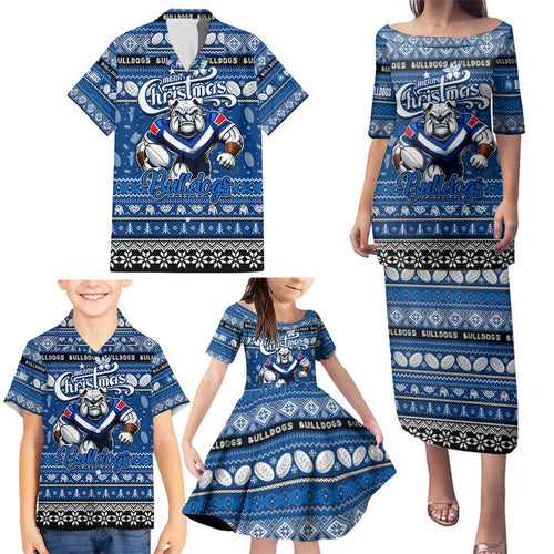 Personalized Bulldogs Rugby Xmas Family Matching Puletasi and Hawaiian Shirt Australia NRL Mascot