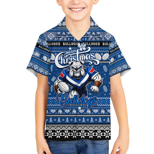 Personalized Bulldogs Rugby Xmas Family Matching Short Sleeve Bodycon Dress and Hawaiian Shirt Australia NRL Mascot