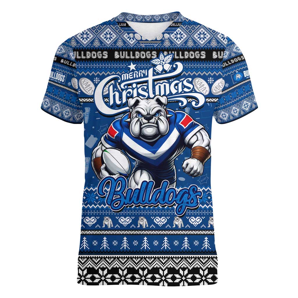 Personalized Bulldogs Rugby Xmas Women V-Neck T-Shirt Australia NRL Mascot