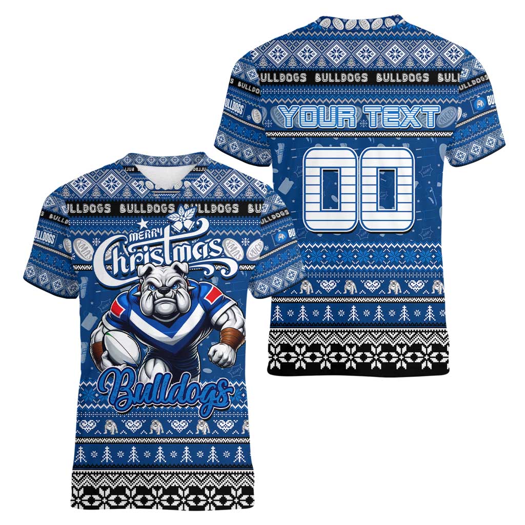 Personalized Bulldogs Rugby Xmas Women V-Neck T-Shirt Australia NRL Mascot