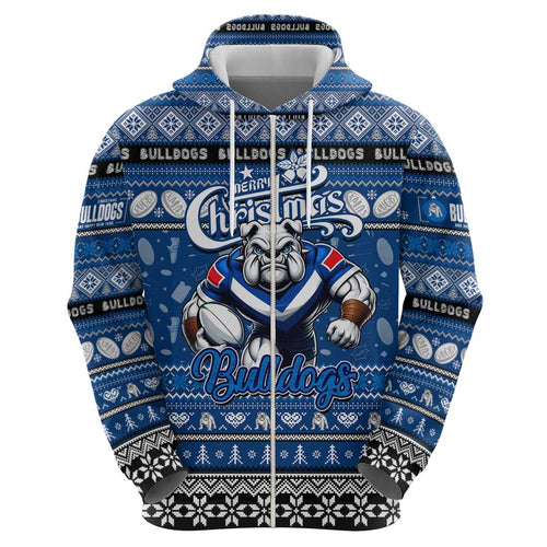 Personalized Bulldogs Rugby Xmas Zip Hoodie Australia NRL Mascot