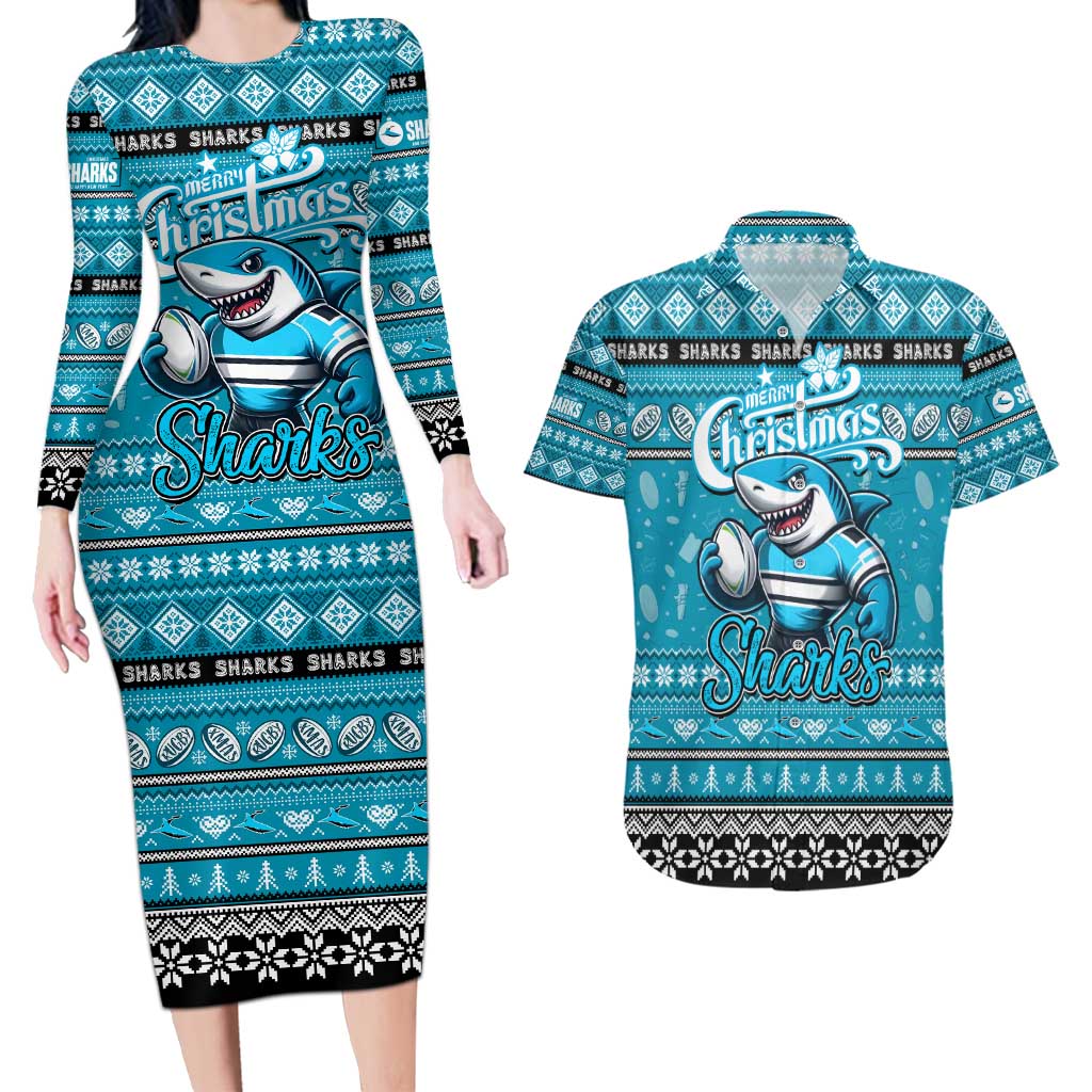 Personalized Sharks Rugby Xmas Couples Matching Long Sleeve Bodycon Dress and Hawaiian Shirt Australia NRL Mascot