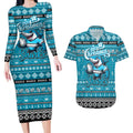 Personalized Sharks Rugby Xmas Couples Matching Long Sleeve Bodycon Dress and Hawaiian Shirt Australia NRL Mascot