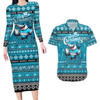 Personalized Sharks Rugby Xmas Couples Matching Long Sleeve Bodycon Dress and Hawaiian Shirt Australia NRL Mascot