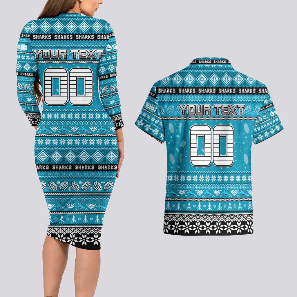 Personalized Sharks Rugby Xmas Couples Matching Long Sleeve Bodycon Dress and Hawaiian Shirt Australia NRL Mascot