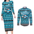 Personalized Sharks Rugby Xmas Couples Matching Long Sleeve Bodycon Dress and Long Sleeve Button Shirt Australia NRL Mascot