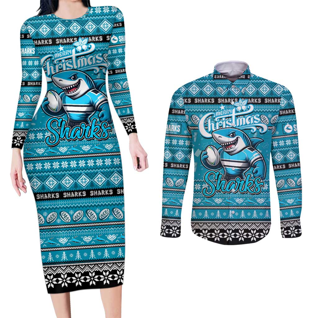 Personalized Sharks Rugby Xmas Couples Matching Long Sleeve Bodycon Dress and Long Sleeve Button Shirt Australia NRL Mascot