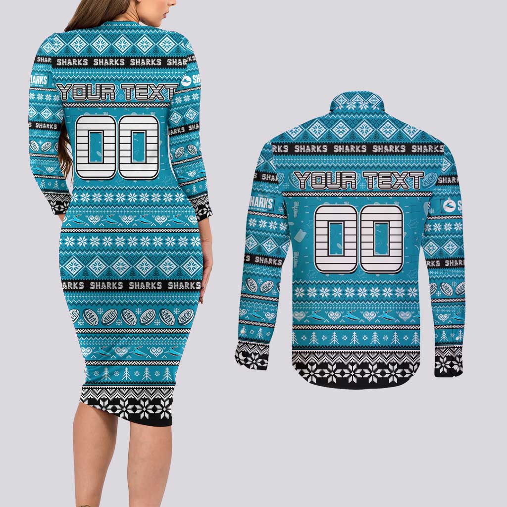 Personalized Sharks Rugby Xmas Couples Matching Long Sleeve Bodycon Dress and Long Sleeve Button Shirt Australia NRL Mascot