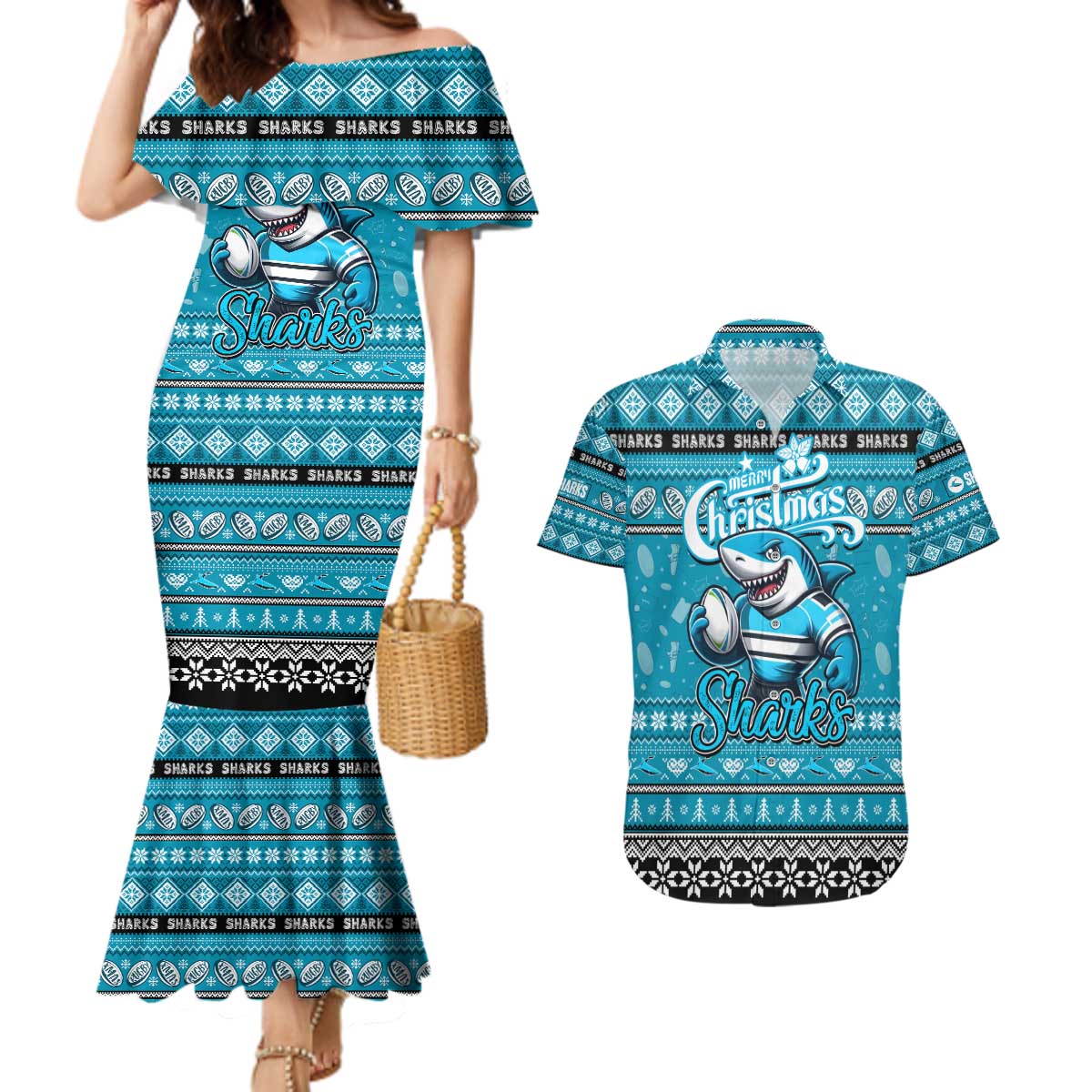 Personalized Sharks Rugby Xmas Couples Matching Mermaid Dress and Hawaiian Shirt Australia NRL Mascot