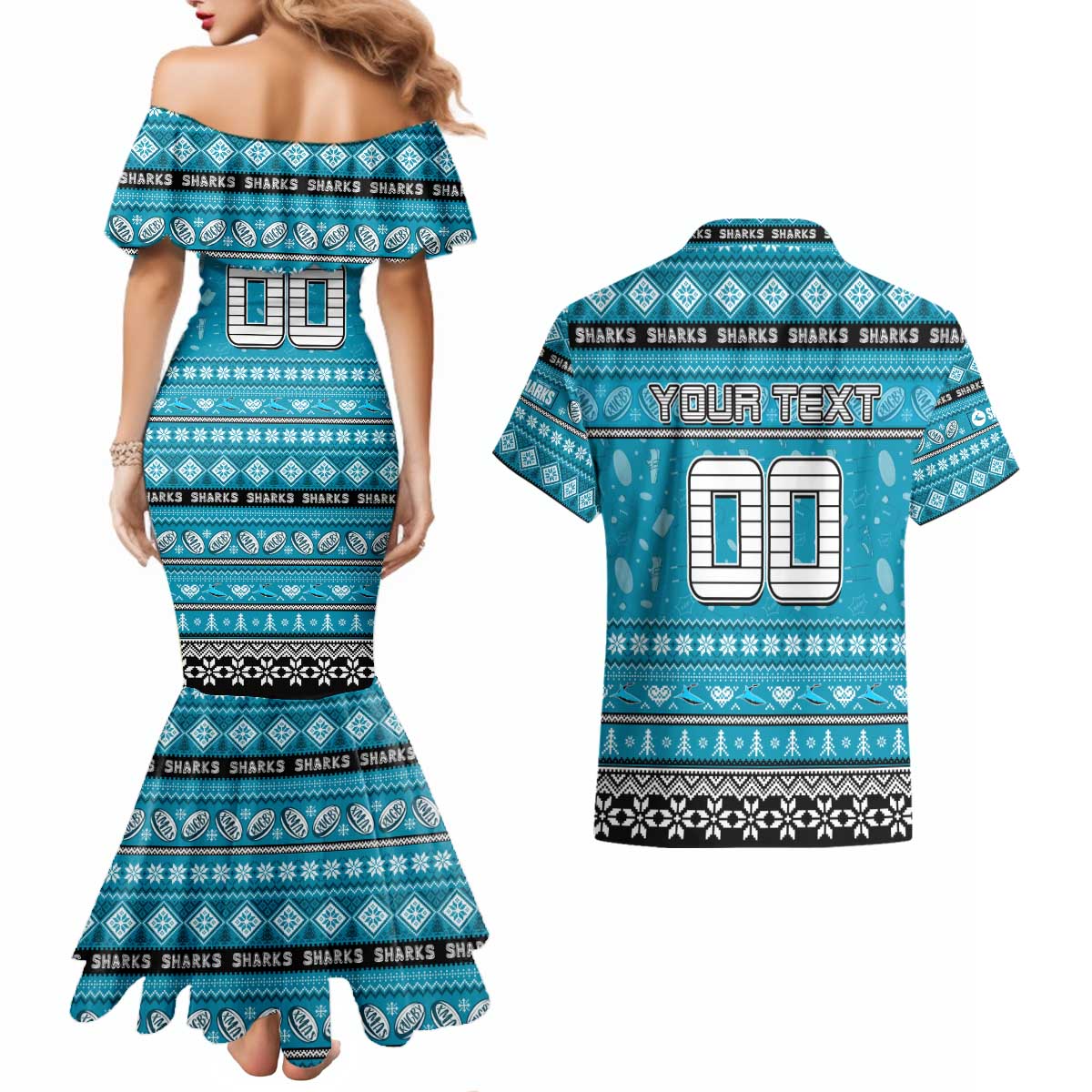 Personalized Sharks Rugby Xmas Couples Matching Mermaid Dress and Hawaiian Shirt Australia NRL Mascot