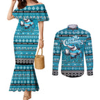 Personalized Sharks Rugby Xmas Couples Matching Mermaid Dress and Long Sleeve Button Shirt Australia NRL Mascot