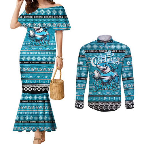 Personalized Sharks Rugby Xmas Couples Matching Mermaid Dress and Long Sleeve Button Shirt Australia NRL Mascot