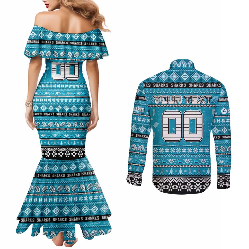 Personalized Sharks Rugby Xmas Couples Matching Mermaid Dress and Long Sleeve Button Shirt Australia NRL Mascot