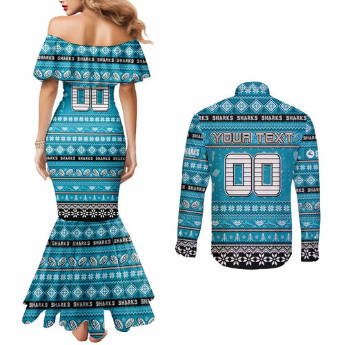 Personalized Sharks Rugby Xmas Couples Matching Mermaid Dress and Long Sleeve Button Shirt Australia NRL Mascot
