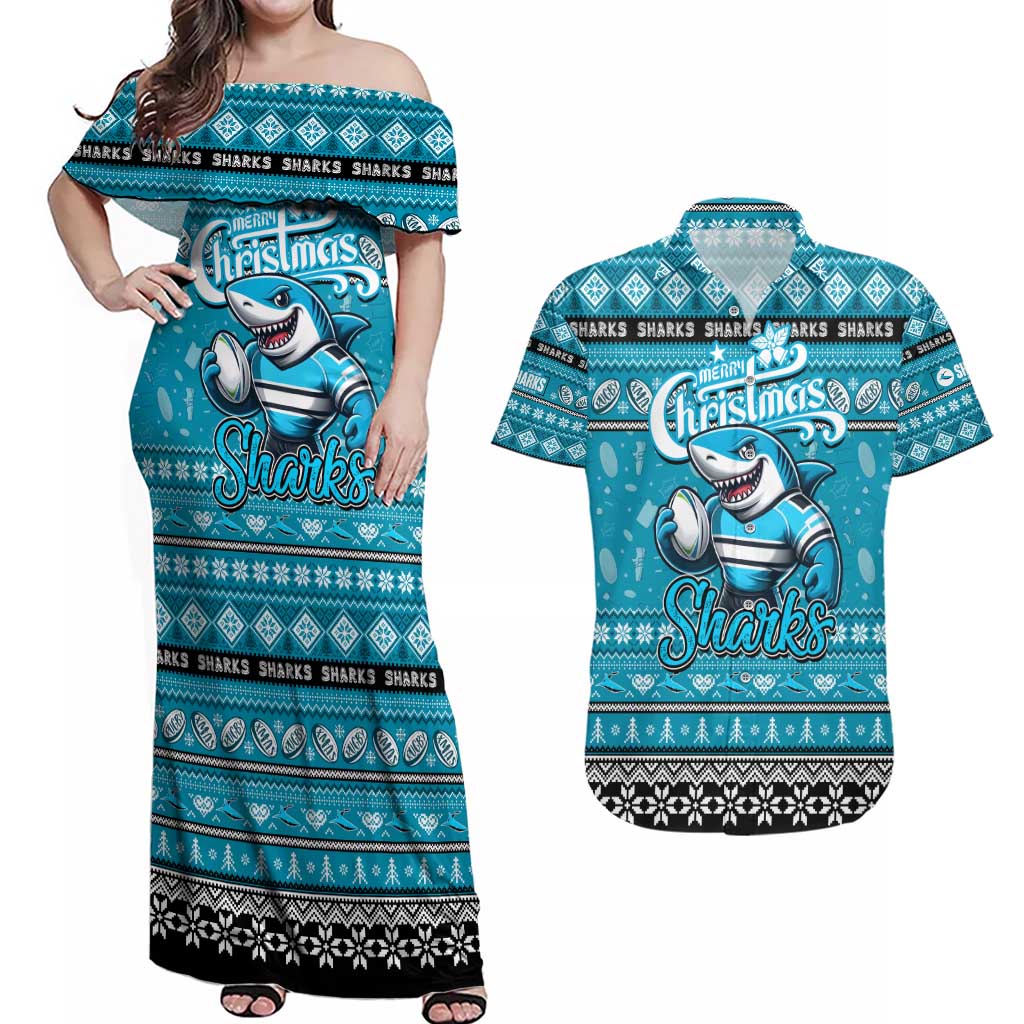 Personalized Sharks Rugby Xmas Couples Matching Off Shoulder Maxi Dress and Hawaiian Shirt Australia NRL Mascot