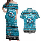 Personalized Sharks Rugby Xmas Couples Matching Off Shoulder Maxi Dress and Hawaiian Shirt Australia NRL Mascot