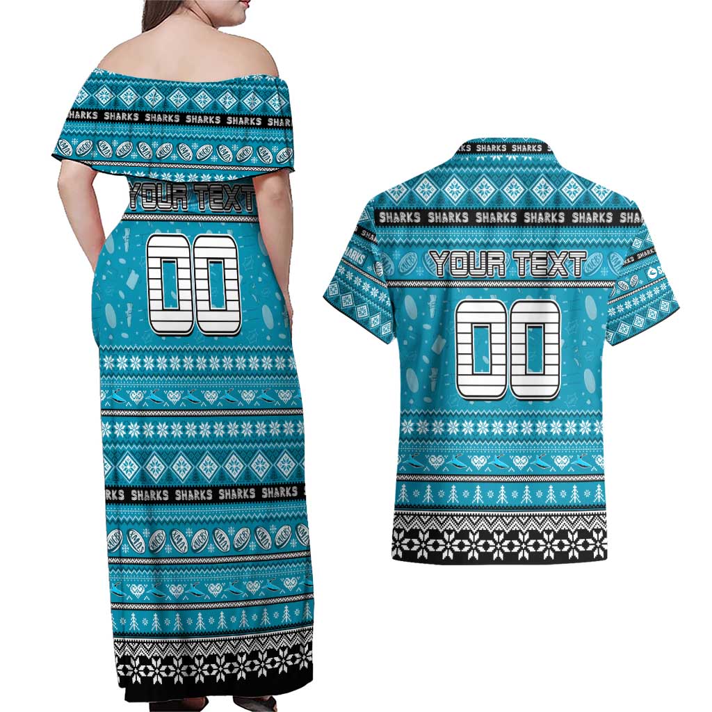 Personalized Sharks Rugby Xmas Couples Matching Off Shoulder Maxi Dress and Hawaiian Shirt Australia NRL Mascot