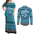 Personalized Sharks Rugby Xmas Couples Matching Off Shoulder Maxi Dress and Long Sleeve Button Shirt Australia NRL Mascot