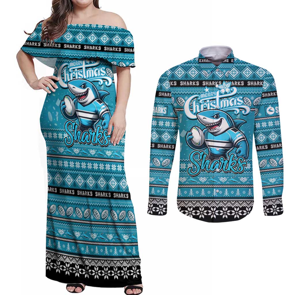 Personalized Sharks Rugby Xmas Couples Matching Off Shoulder Maxi Dress and Long Sleeve Button Shirt Australia NRL Mascot