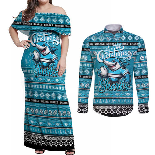Personalized Sharks Rugby Xmas Couples Matching Off Shoulder Maxi Dress and Long Sleeve Button Shirt Australia NRL Mascot